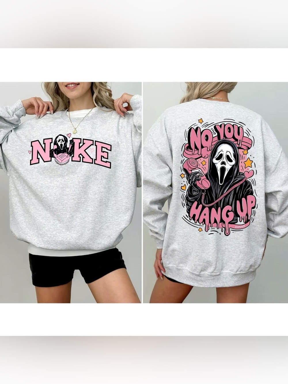 Graphic 'No You Hang Up' Scream Pullover Sweatshirt - Pink on Heather Gray